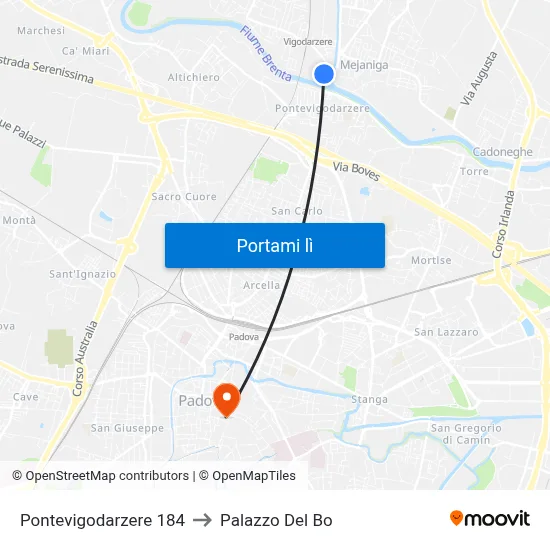 Pontevigodarzere 184 to Palazzo Del Bo map