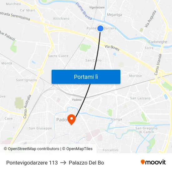 Pontevigodarzere 113 to Palazzo Del Bo map