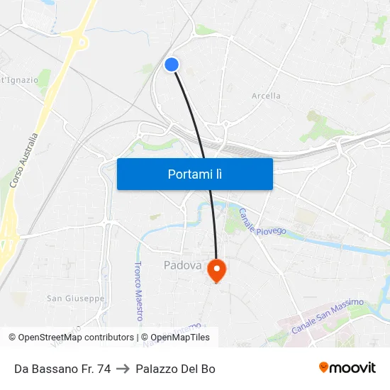Da Bassano Fr. 74 to Palazzo Del Bo map