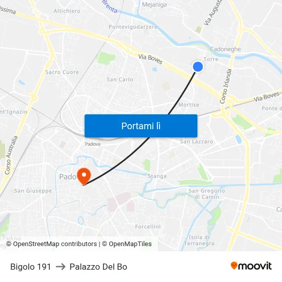 Bigolo 191 to Palazzo Del Bo map