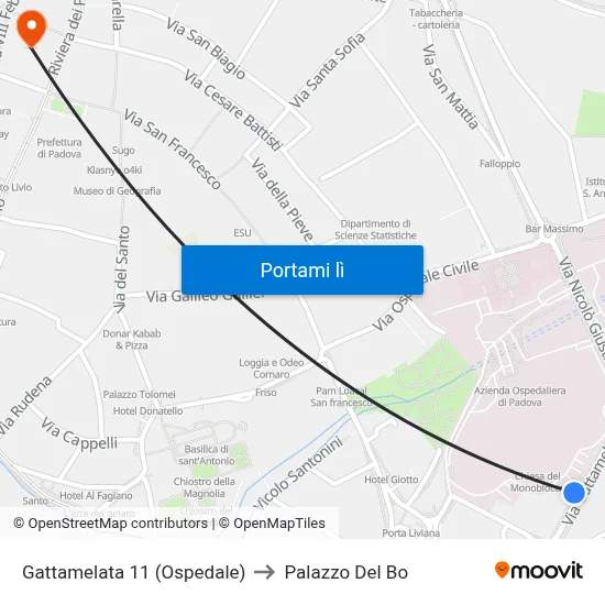 Gattamelata 11 (Ospedale) to Palazzo Del Bo map