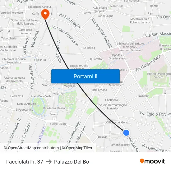 Facciolati Fr. 37 to Palazzo Del Bo map