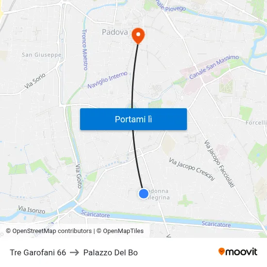 Tre Garofani 66 to Palazzo Del Bo map