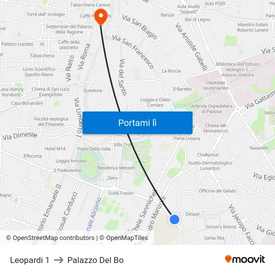 Leopardi 1 to Palazzo Del Bo map