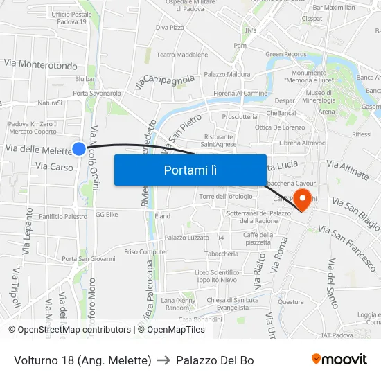 Volturno 18 (Ang. Melette) to Palazzo Del Bo map