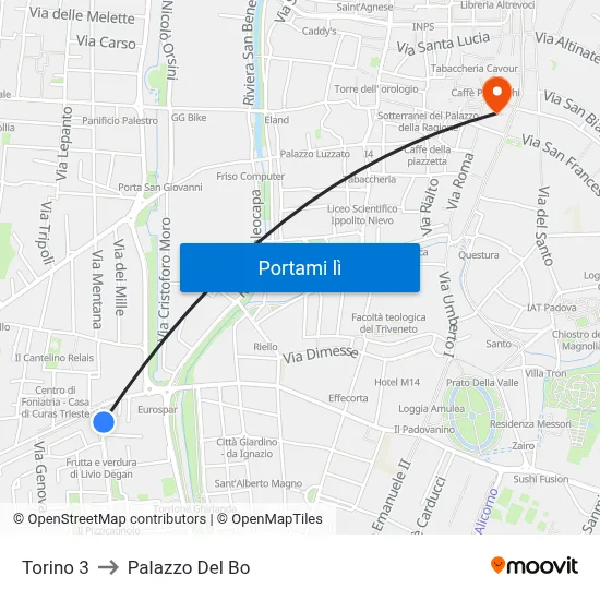 Torino 3 to Palazzo Del Bo map