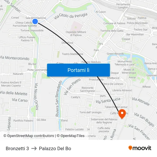 Bronzetti 3 to Palazzo Del Bo map