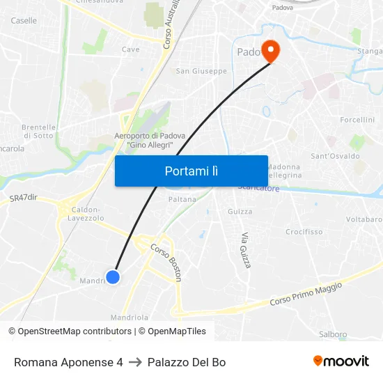 Romana Aponense 4 to Palazzo Del Bo map