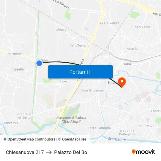 Chiesanuova 217 to Palazzo Del Bo map
