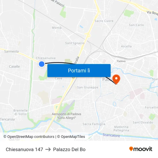 Chiesanuova 147 to Palazzo Del Bo map