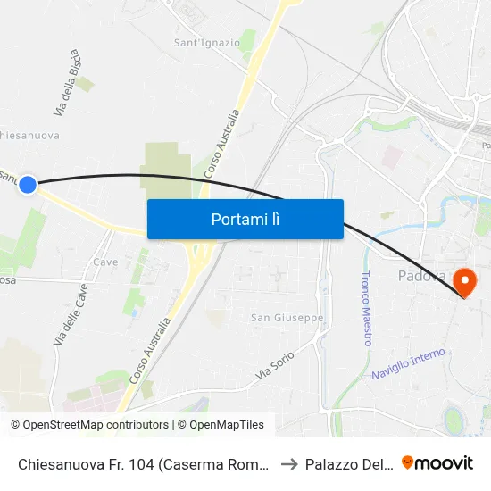 Chiesanuova Fr. 104 (Caserma Romagnoli) to Palazzo Del Bo map