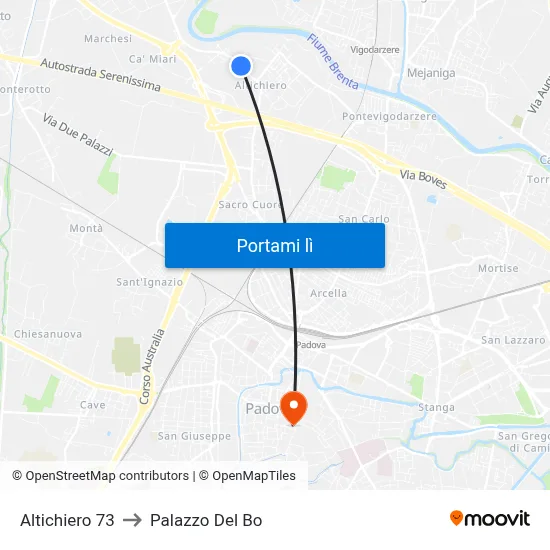 Altichiero 73 to Palazzo Del Bo map