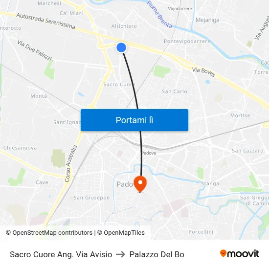 Sacro Cuore Ang. Via Avisio to Palazzo Del Bo map