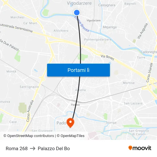 Roma 268 to Palazzo Del Bo map