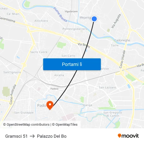 Gramsci 51 to Palazzo Del Bo map