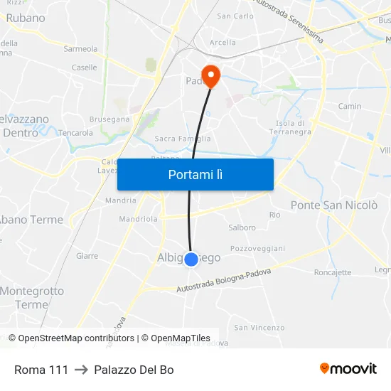 Roma 111 to Palazzo Del Bo map