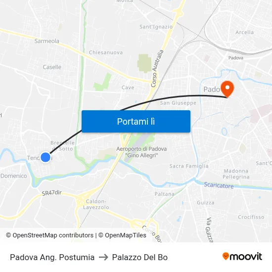 Padova Ang. Postumia to Palazzo Del Bo map