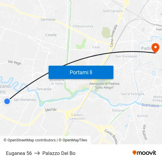 Euganea 56 to Palazzo Del Bo map