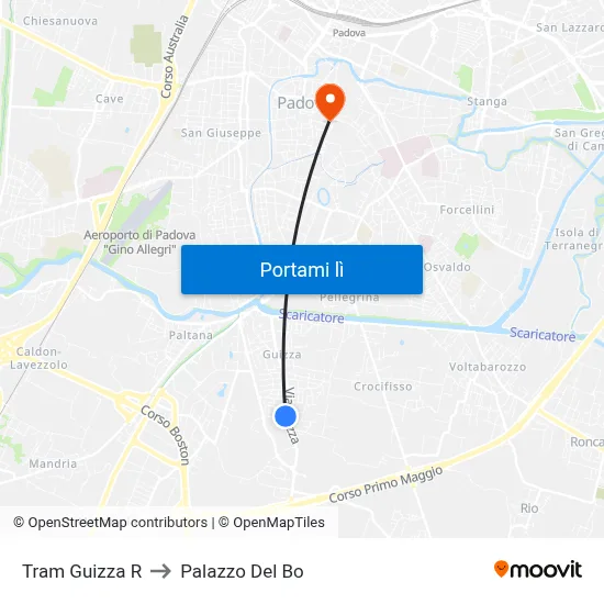 Tram Guizza R to Palazzo Del Bo map