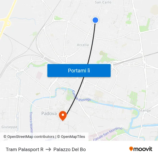 Tram Palasport R to Palazzo Del Bo map