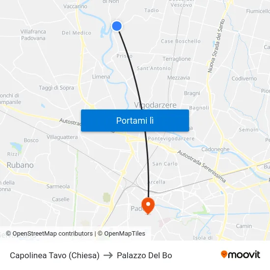 Capolinea Tavo (Chiesa) to Palazzo Del Bo map