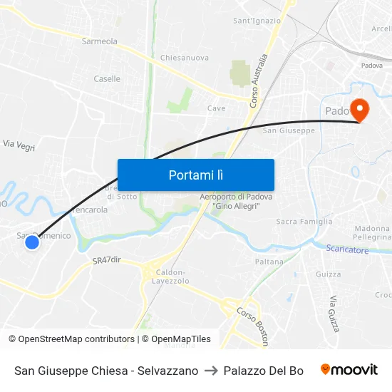 San Giuseppe Chiesa - Selvazzano to Palazzo Del Bo map
