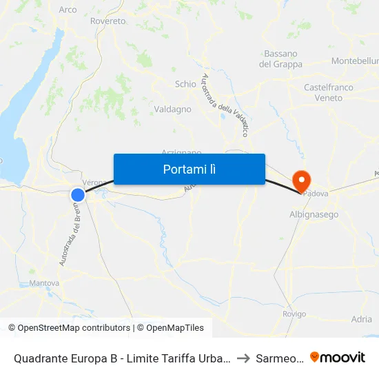 Quadrante Europa B - Limite Tariffa Urbana to Sarmeola map