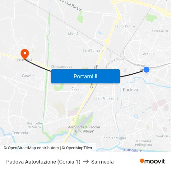 Padova Autostazione (Corsia 1) to Sarmeola map