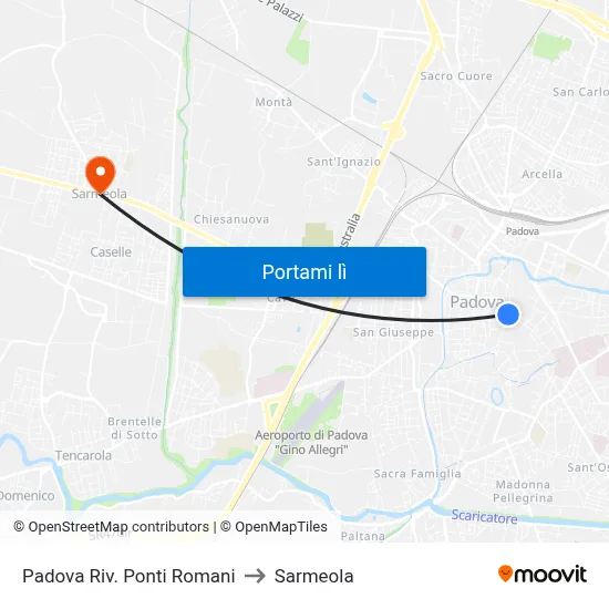 Padova Riv. Ponti Romani to Sarmeola map