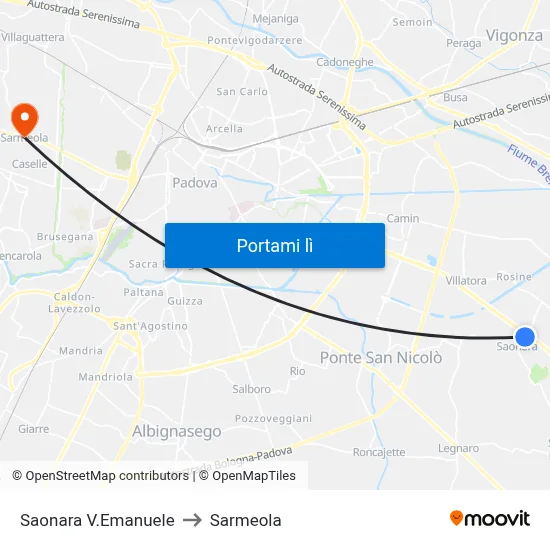 Saonara V.Emanuele to Sarmeola map