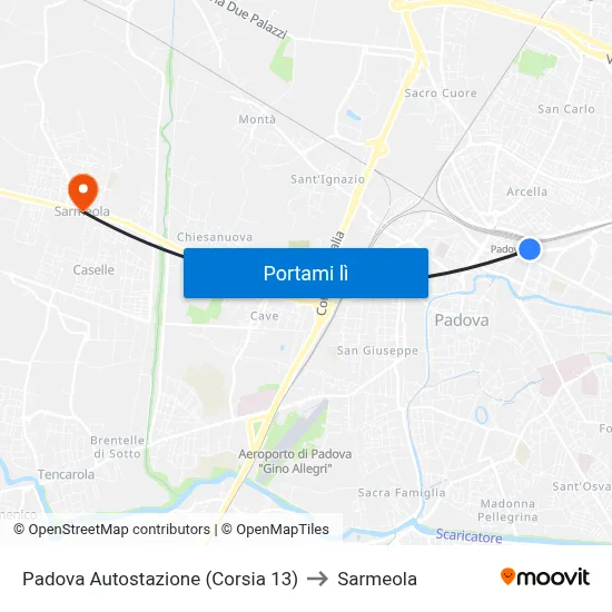 Padova Autostazione (Corsia 13) to Sarmeola map