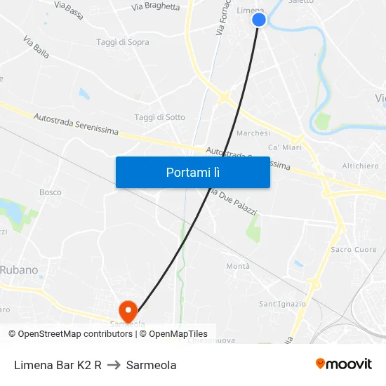 Limena Bar K2 R to Sarmeola map