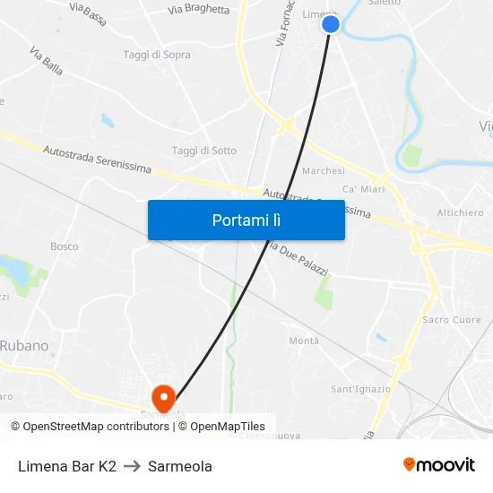 Limena Bar K2 to Sarmeola map
