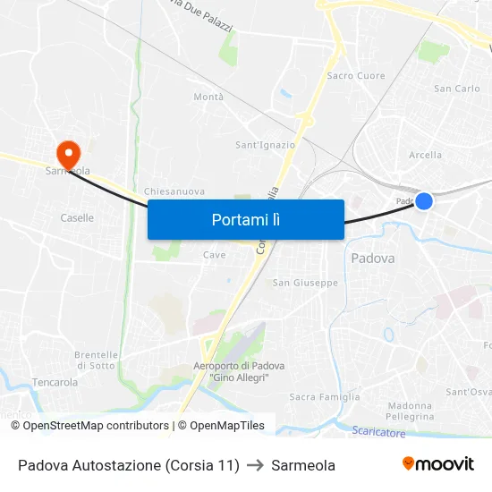 Padova Autostazione (Corsia 11) to Sarmeola map