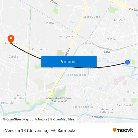 Venezia 13 (Università) to Sarmeola map