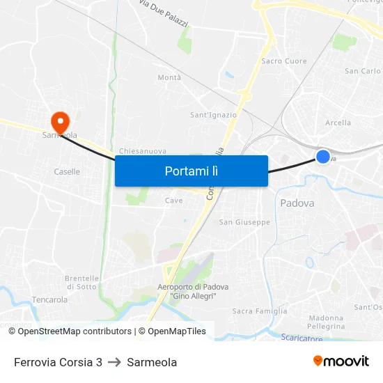 Ferrovia Corsia 3 to Sarmeola map