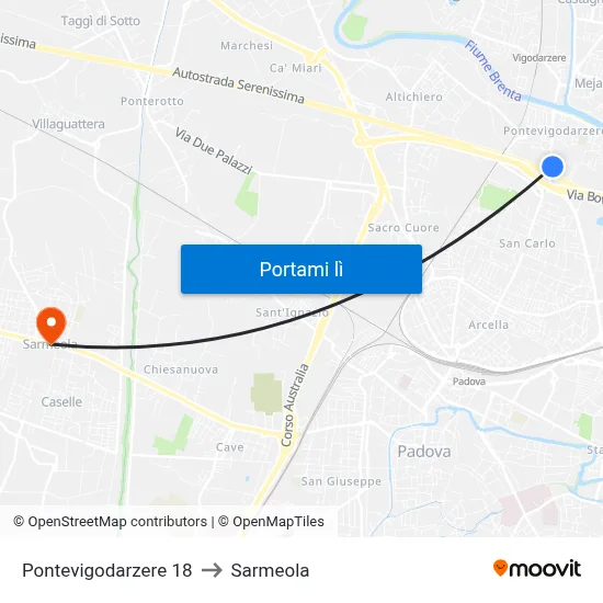 Pontevigodarzere 18 to Sarmeola map