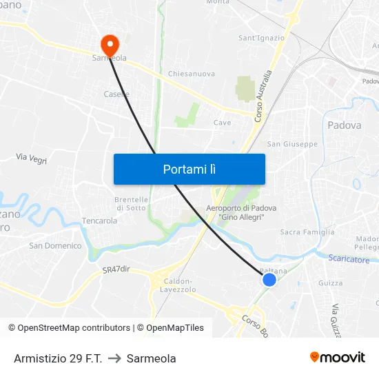 Armistizio 29 F.T. to Sarmeola map