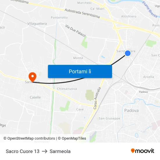 Sacro Cuore 13 to Sarmeola map