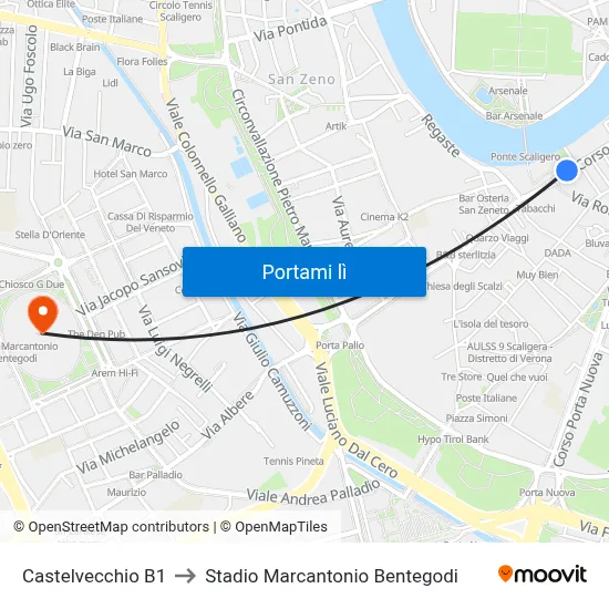 Castelvecchio B1 to Stadio Marcantonio Bentegodi map