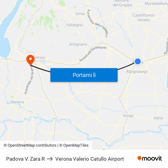 Padova V. Zara R to Verona Valerio Catullo Airport map