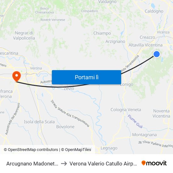 Arcugnano Madonette to Verona Valerio Catullo Airport map