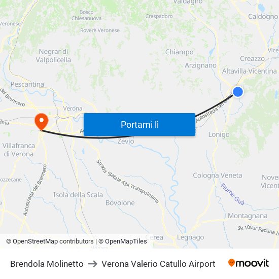 Brendola Molinetto to Verona Valerio Catullo Airport map