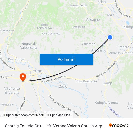 Castelg.To - Via Grumi to Verona Valerio Catullo Airport map