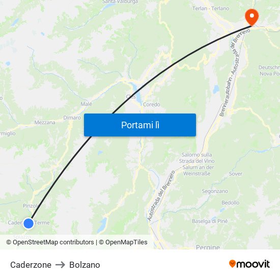 Caderzone to Bolzano map