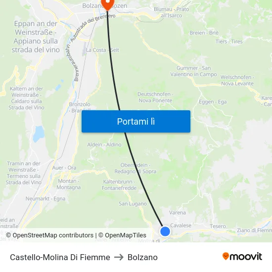 Castello-Molina Di Fiemme to Bolzano map