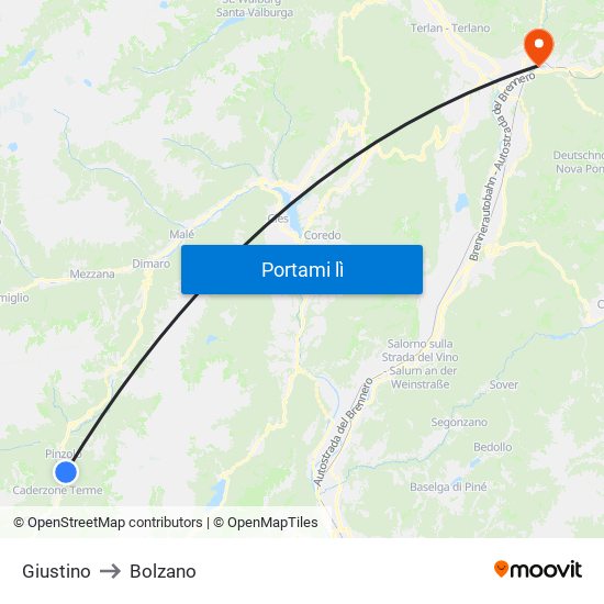 Giustino to Bolzano map