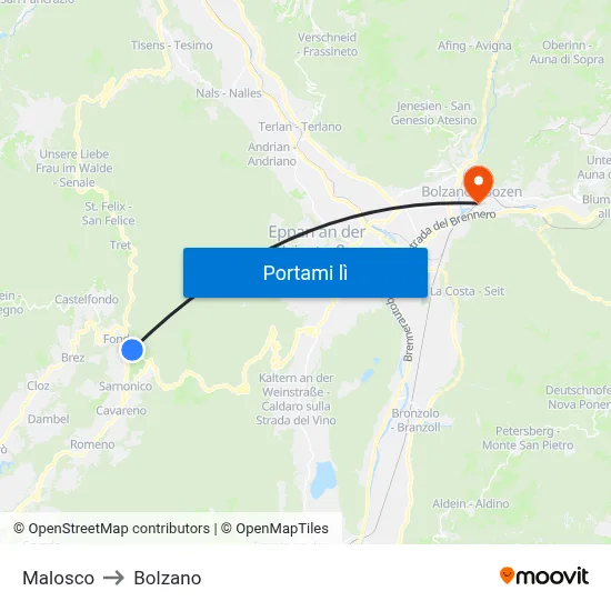Malosco to Bolzano map