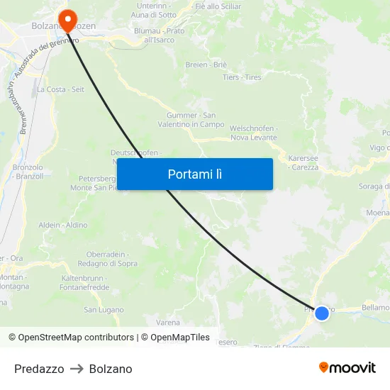 Predazzo to Bolzano map