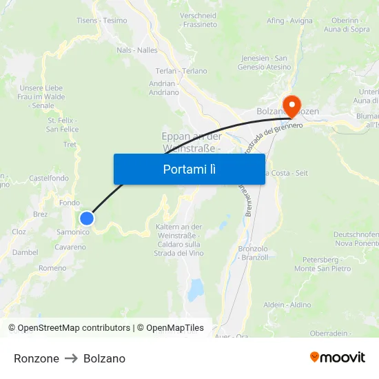 Ronzone to Bolzano map